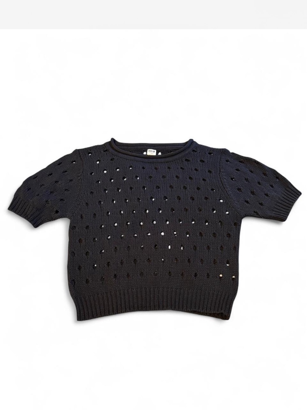 Black holey knit short sleeve top